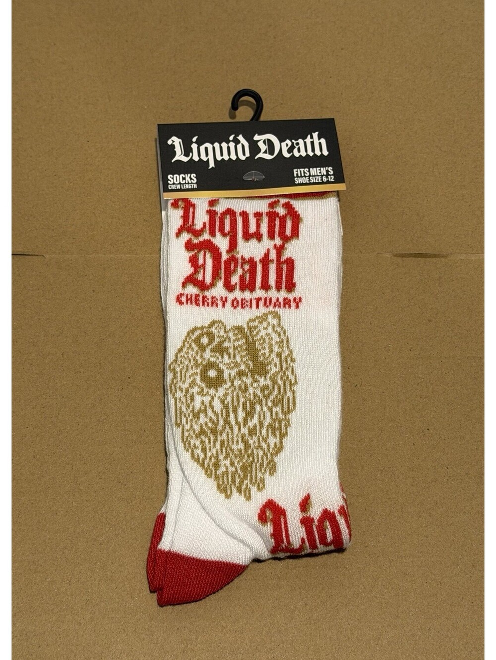 New Mens Liquid Death Cherry Obituary Socks Size 6-12 Crew Length 1 Pair